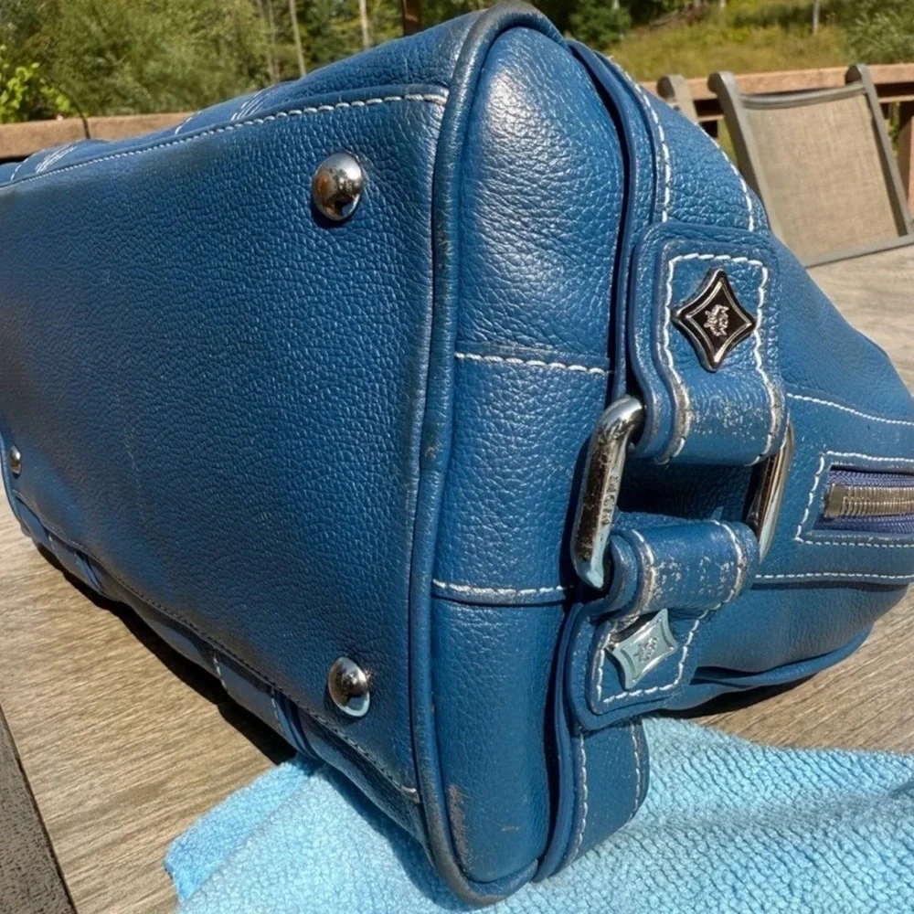 MCM Vintage Luxury Blue Leather Satchel Boston Bag with Silver Accents GUC